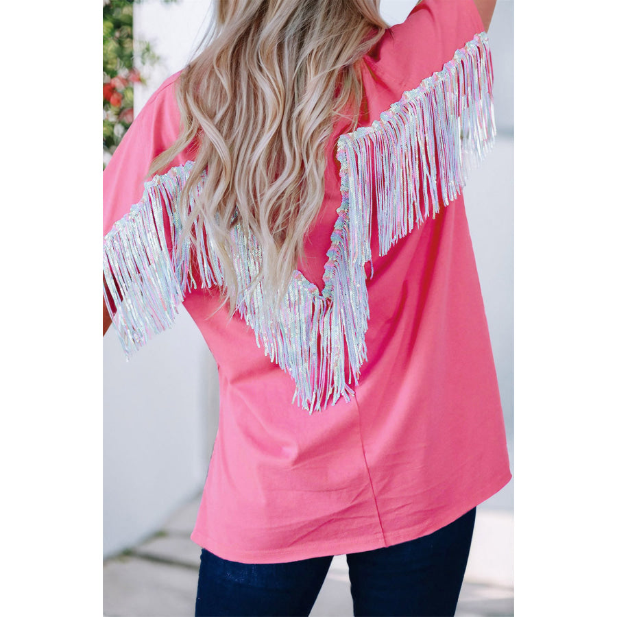 Fringe Round Neck Short Sleeve T-Shirt Carnation Pink / S Apparel and Accessories