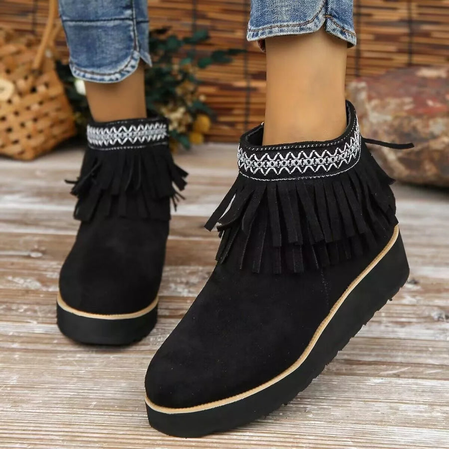 Fringe Round Toe Ankle Boots Black / 35 Apparel and Accessories