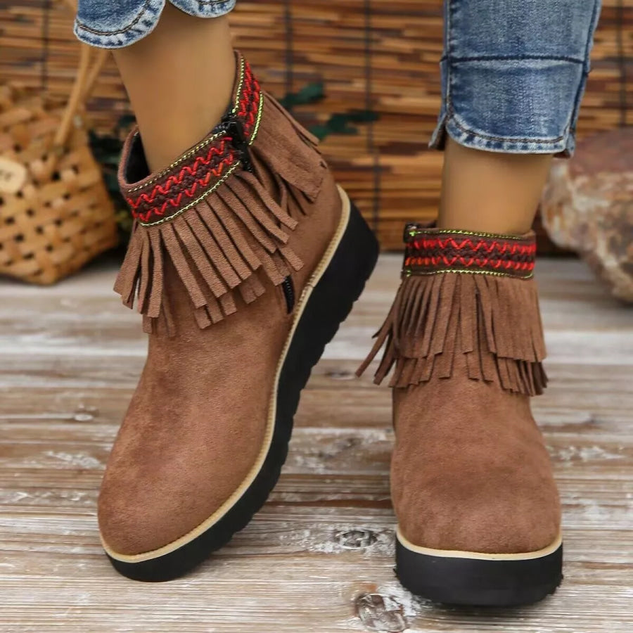 Fringe Round Toe Ankle Boots Brown / 35 Apparel and Accessories