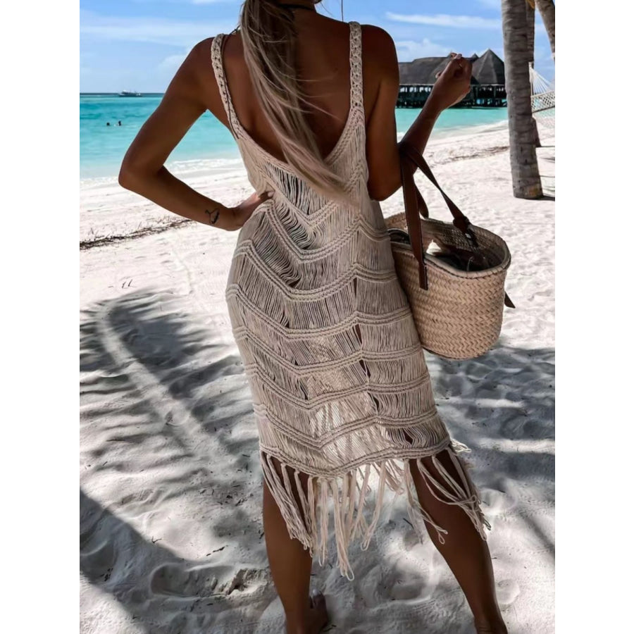 Fringe Scoop Neck Cover-Up Khaki / S Apparel and Accessories