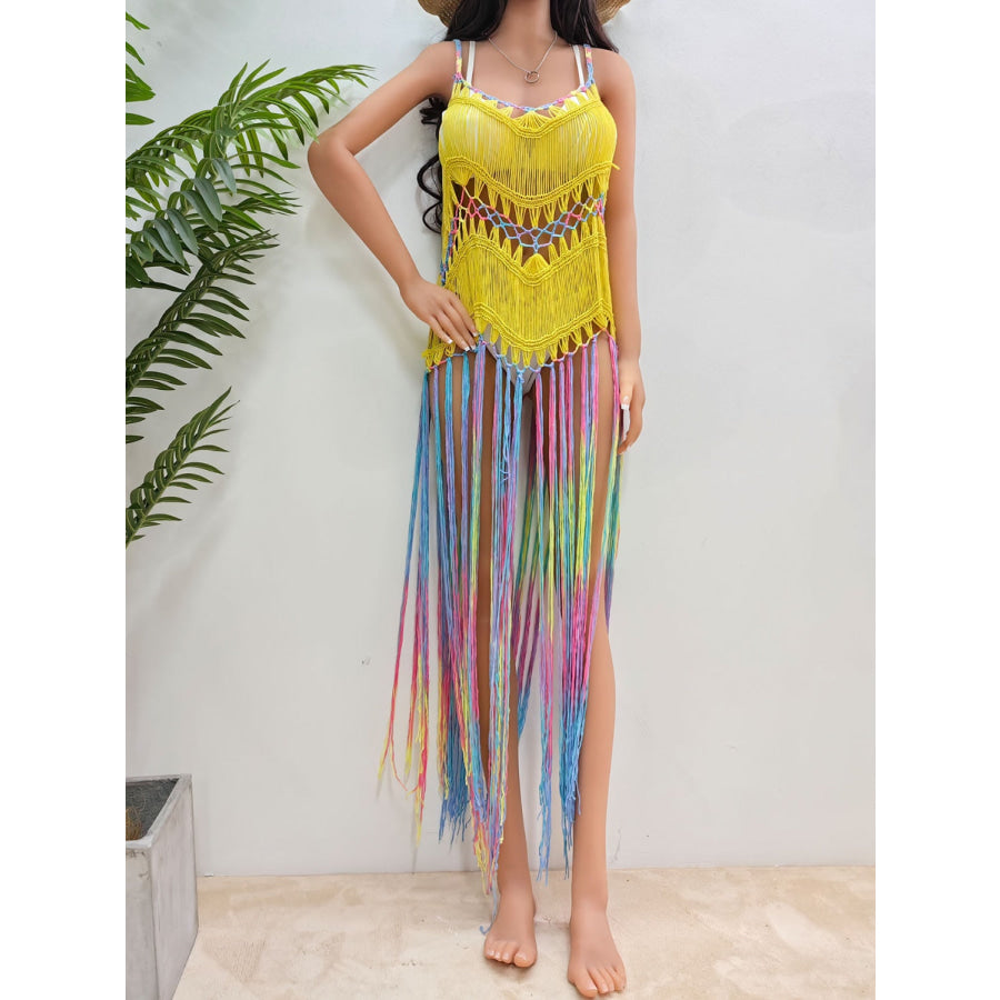 Fringe Scoop Neck Spaghetti Strap Cover - Up Chartreuse / One Size Apparel and Accessories