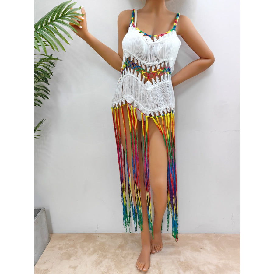 Fringe Scoop Neck Spaghetti Strap Cover - Up White / One Size Apparel and Accessories