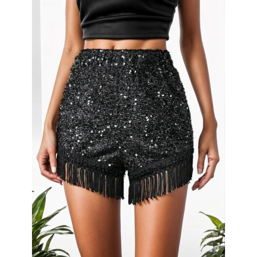 Fringe Sequin Mid - Rise Waist Shorts Apparel and Accessories