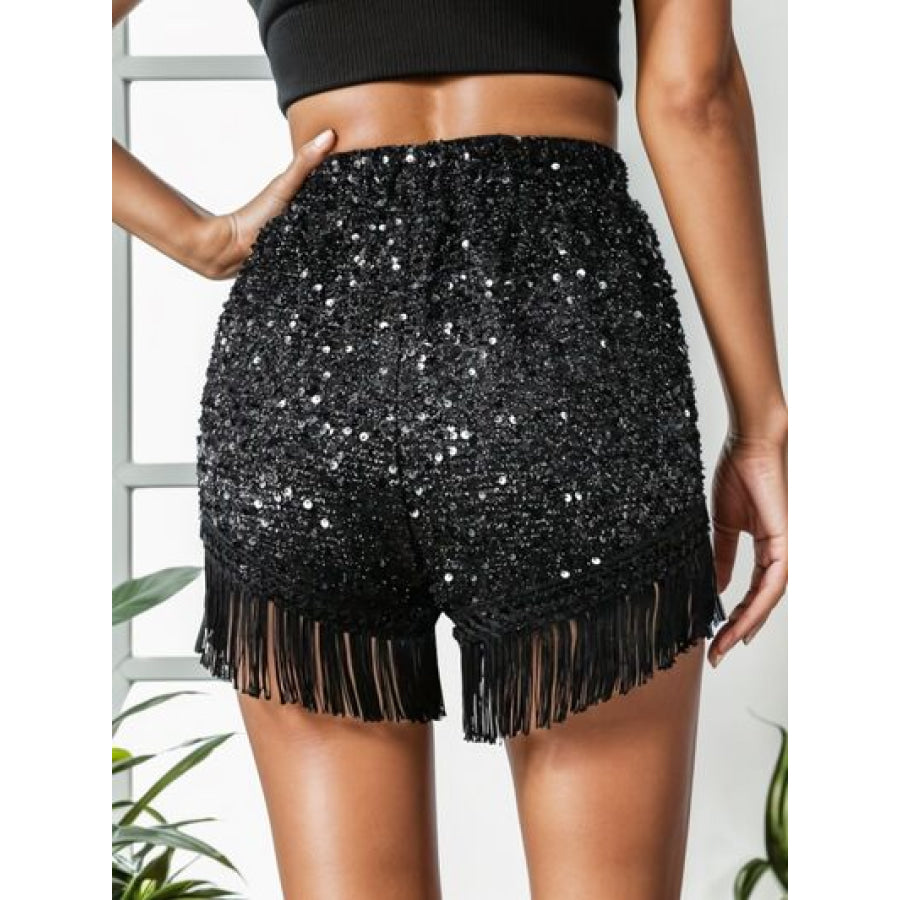 Fringe Sequin Mid - Rise Waist Shorts Black / S Apparel and Accessories