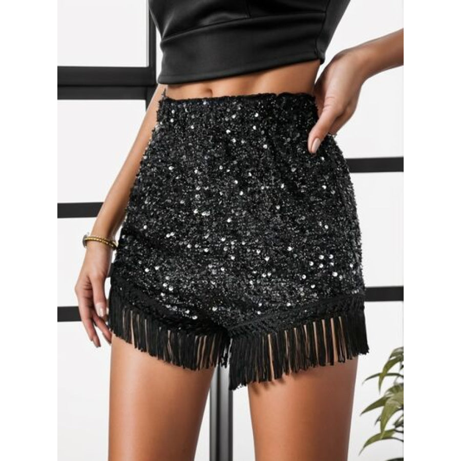 Fringe Sequin Mid - Rise Waist Shorts Black / S Apparel and Accessories