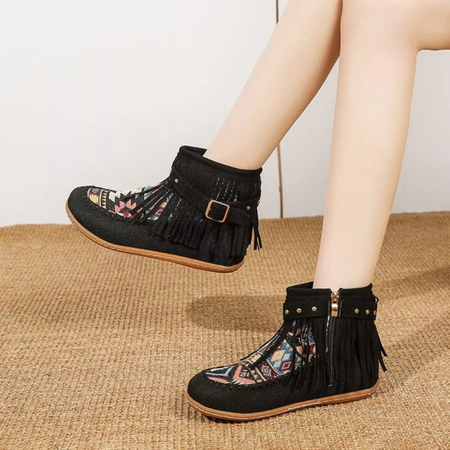 Fringe Side Zipper Ankle Boots Black / 36 Apparel and Accessories