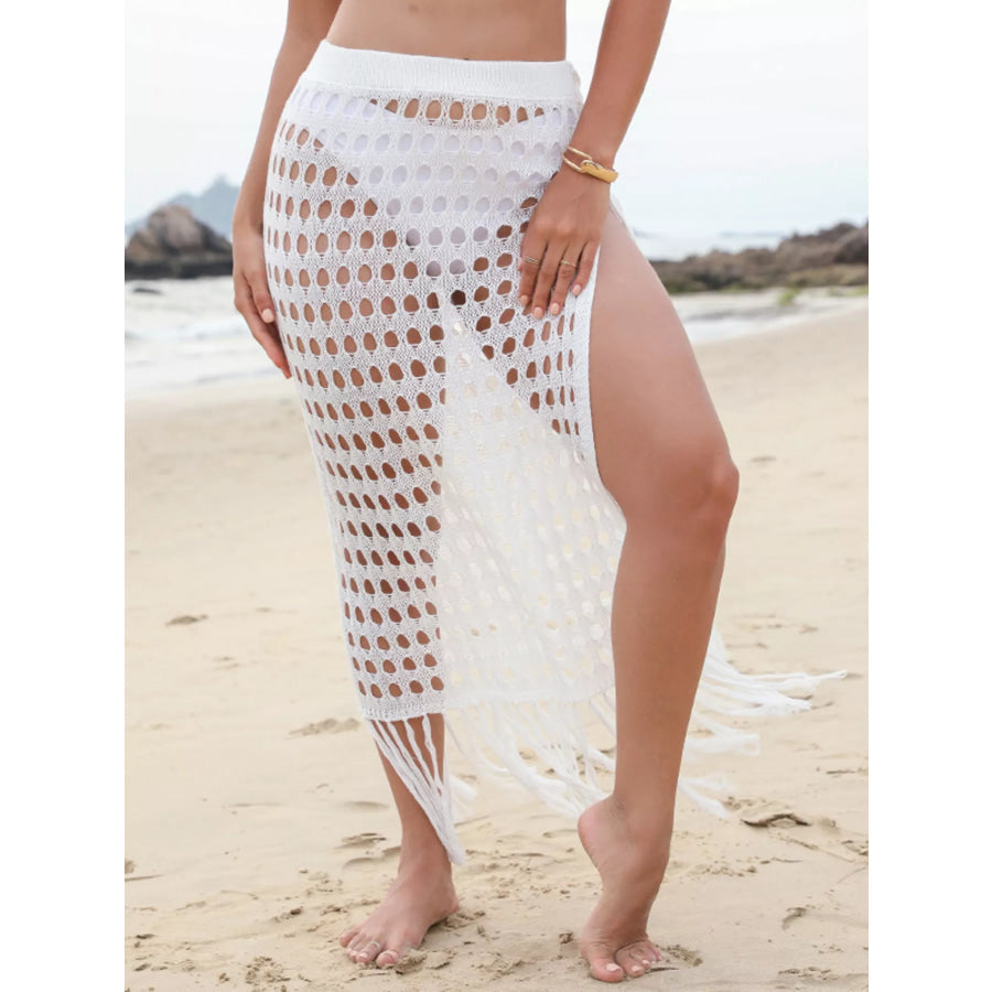 Fringe Slit Openwork Cover-Up Skirt White / S Apparel and Accessories