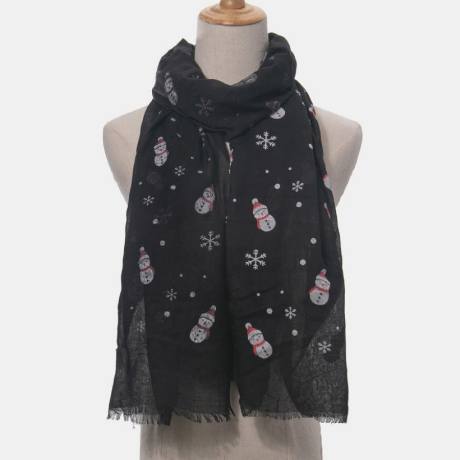 Fringe Snowman Polyester Scarf Black / One Size Apparel and Accessories