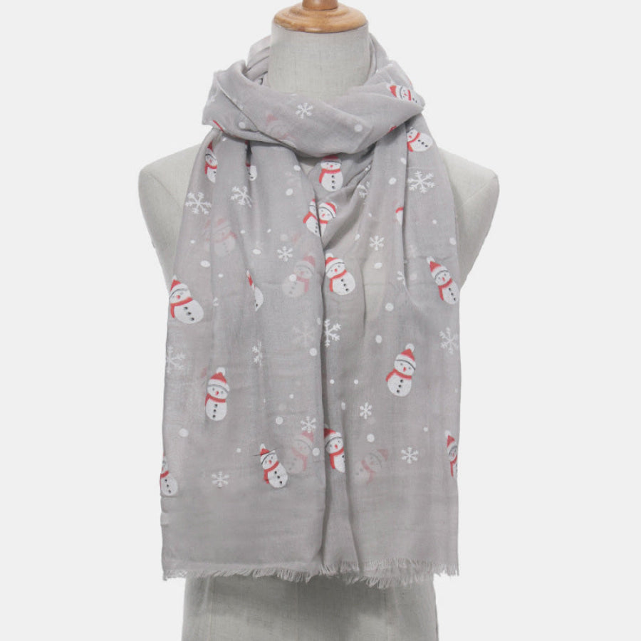 Fringe Snowman Polyester Scarf Light Gray / One Size Apparel and Accessories