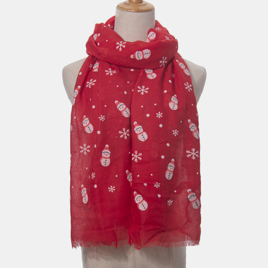 Fringe Snowman Polyester Scarf Red / One Size Apparel and Accessories