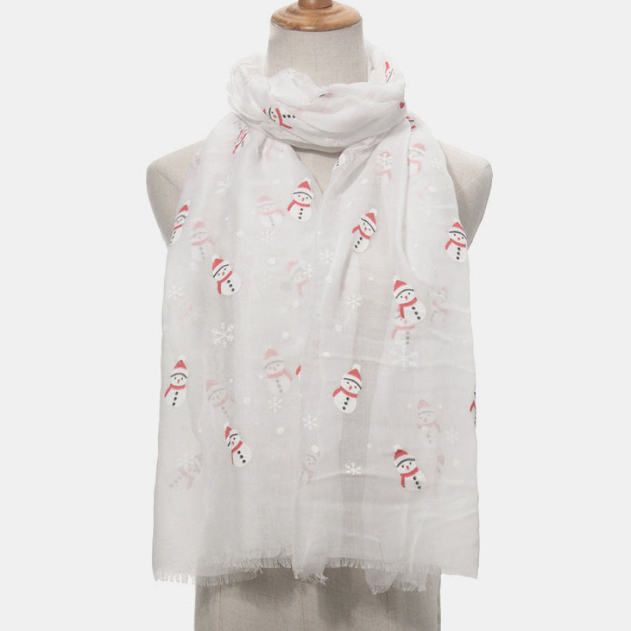 Fringe Snowman Polyester Scarf White / One Size Apparel and Accessories