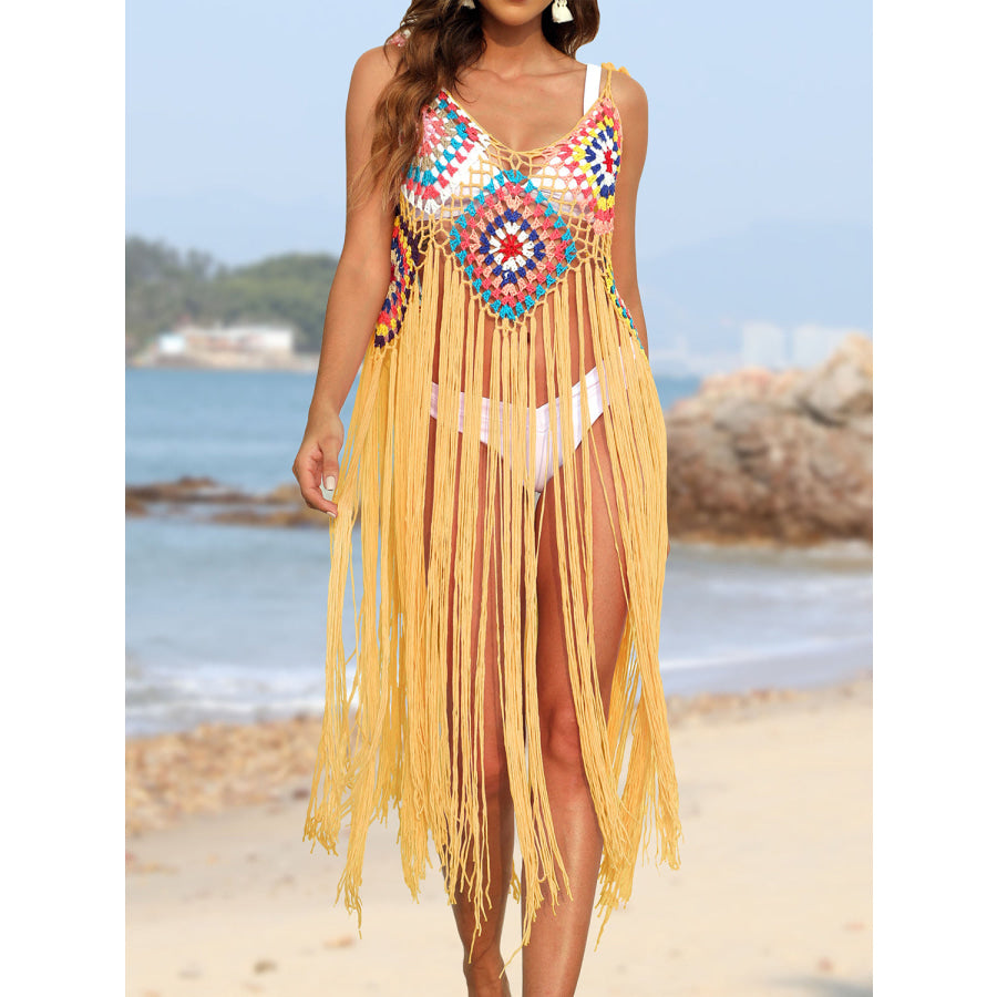 Fringe Spaghetti Strap Cover - Up Mustard / One Size Apparel and Accessories