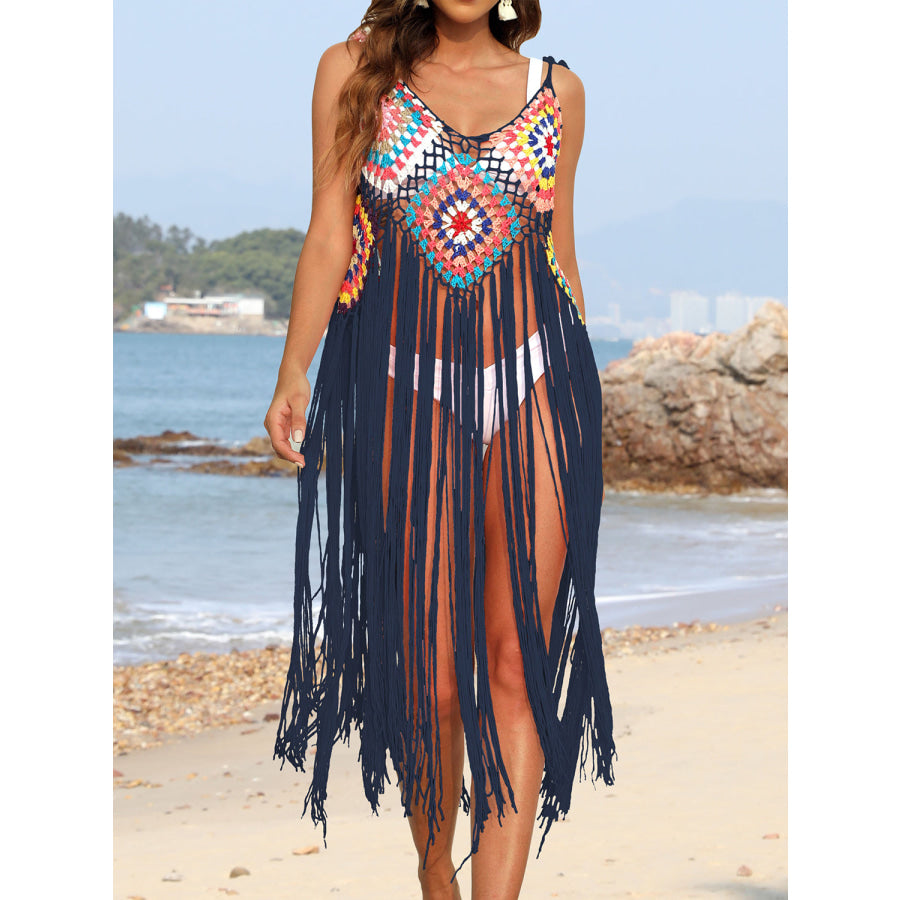 Fringe Spaghetti Strap Cover - Up Navy / One Size Apparel and Accessories