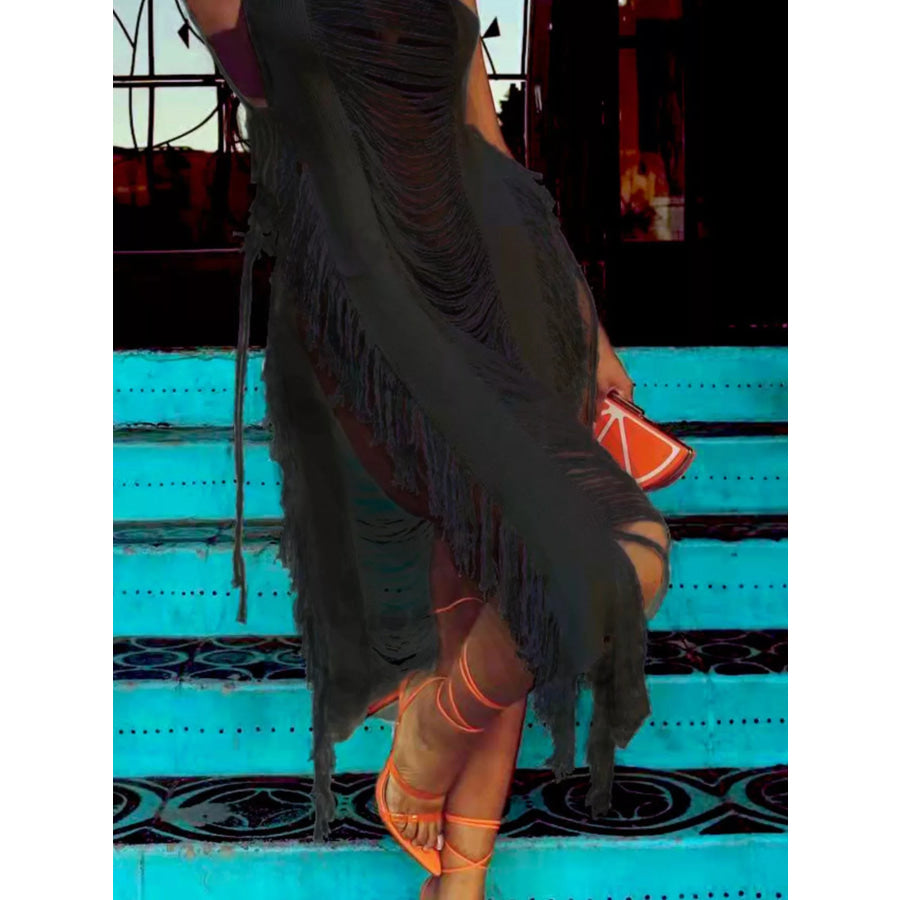 Fringe Split Square Neck Midi Dress Apparel and Accessories