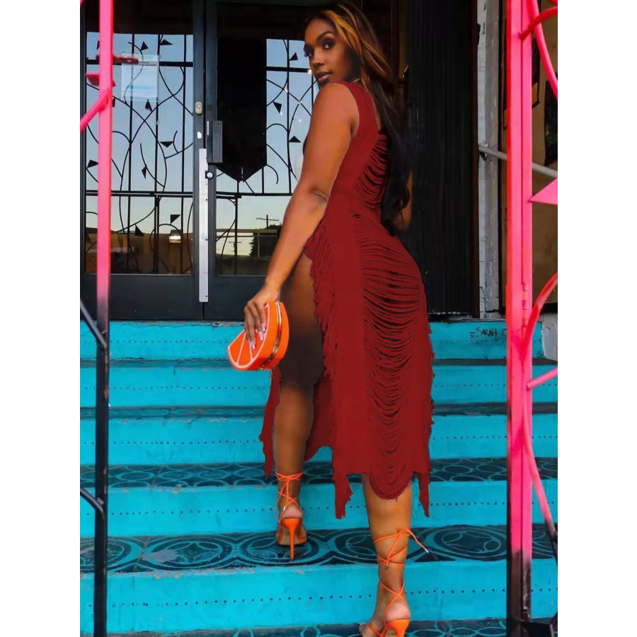 Fringe Split Square Neck Midi Dress Apparel and Accessories