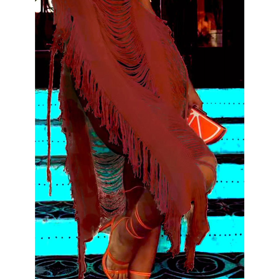 Fringe Split Square Neck Midi Dress Apparel and Accessories