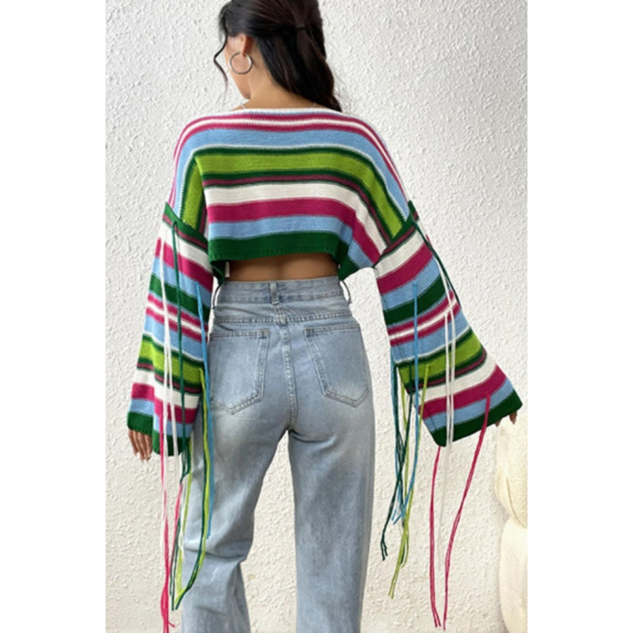 Fringe Striped Round Neck Knit Top Apparel and Accessories