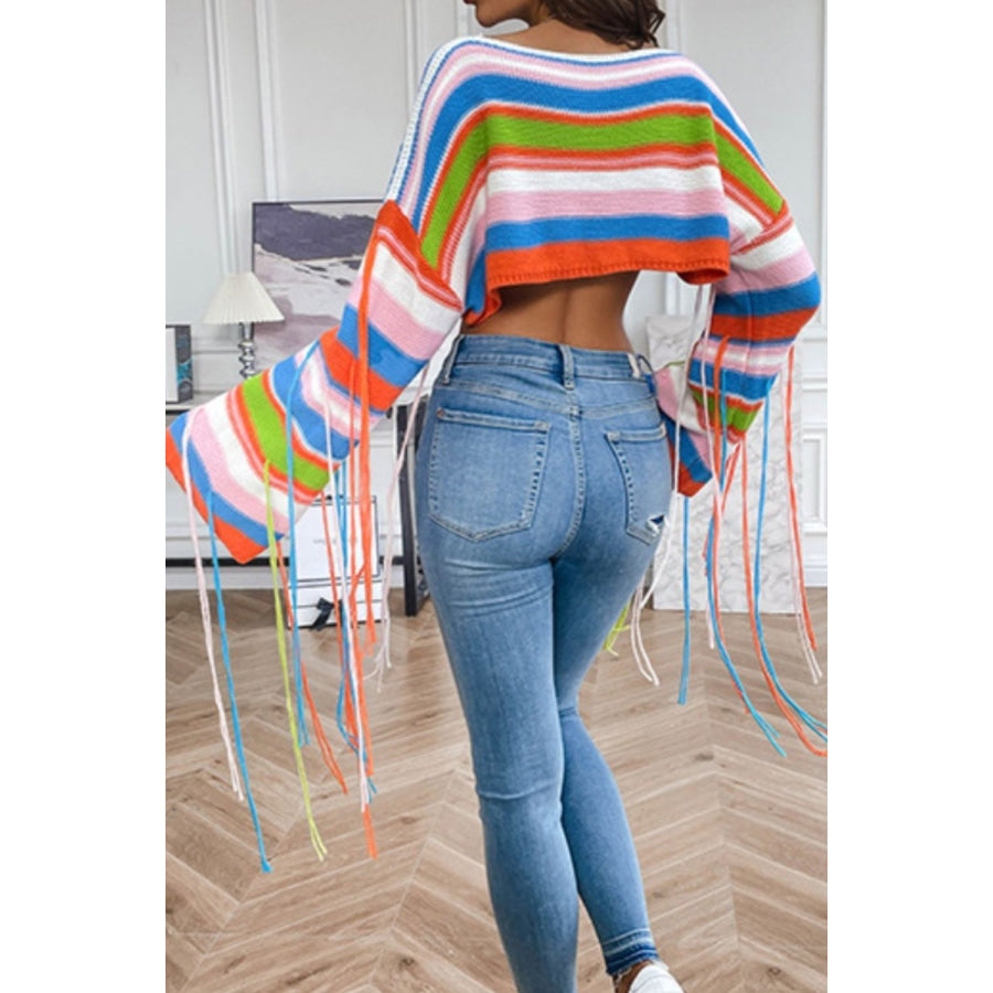 Fringe Striped Round Neck Knit Top Apparel and Accessories