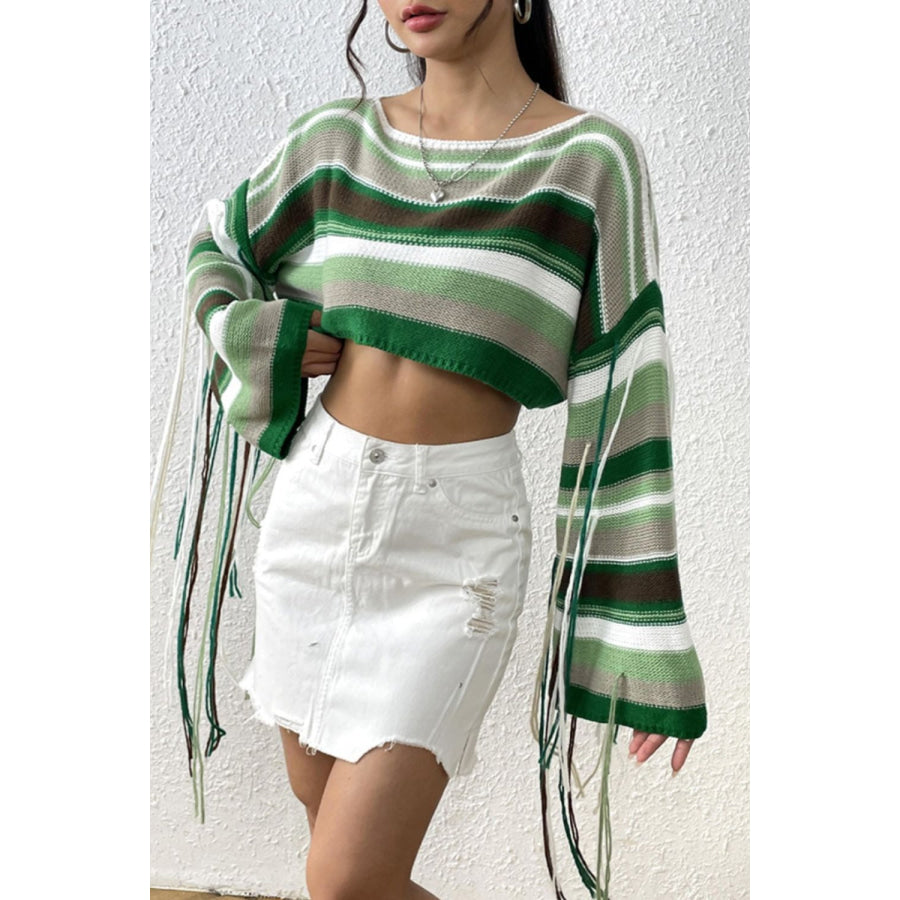 Fringe Striped Round Neck Knit Top Gum Leaf / S Apparel and Accessories