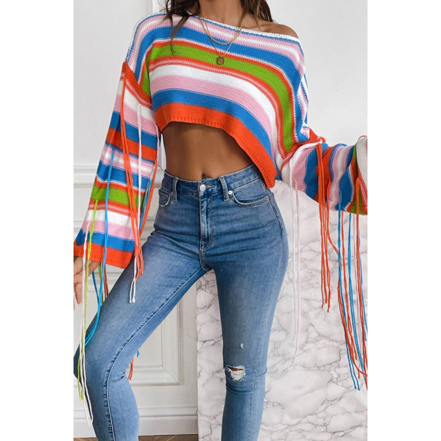 Fringe Striped Round Neck Knit Top Red Orange / S Apparel and Accessories