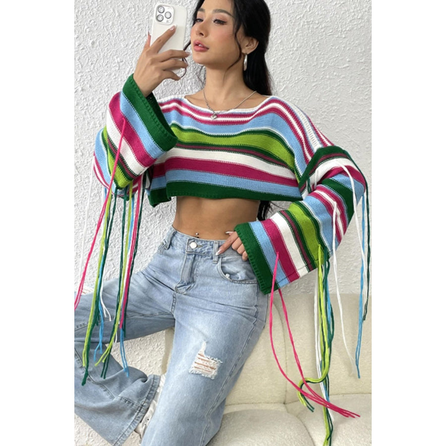 Fringe Striped Round Neck Knit Top Sky Blue / S Apparel and Accessories