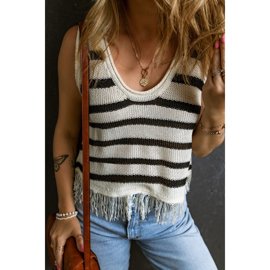 Fringe Striped Scoop Neck Tank Apparel and Accessories