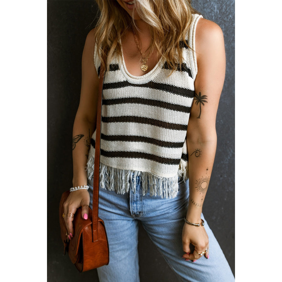 Fringe Striped Scoop Neck Tank Stripe / S Apparel and Accessories