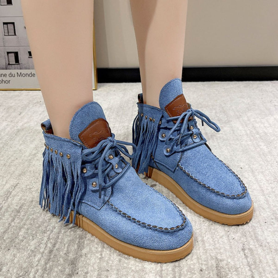 Fringe Studded Round Toe Canvas Boots Apparel and Accessories