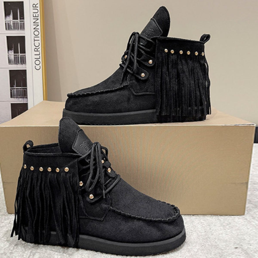 Fringe Studded Round Toe Canvas Boots Apparel and Accessories