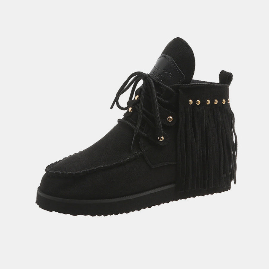 Fringe Studded Round Toe Canvas Boots Apparel and Accessories