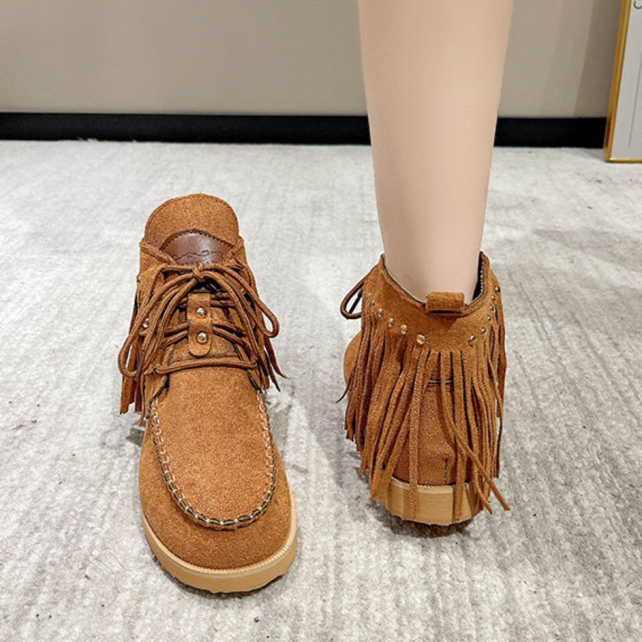 Fringe Studded Round Toe Canvas Boots Apparel and Accessories