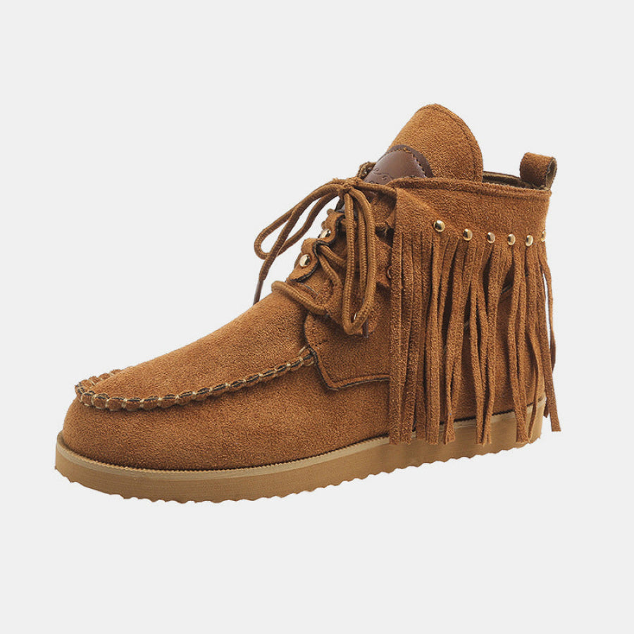 Fringe Studded Round Toe Canvas Boots Apparel and Accessories