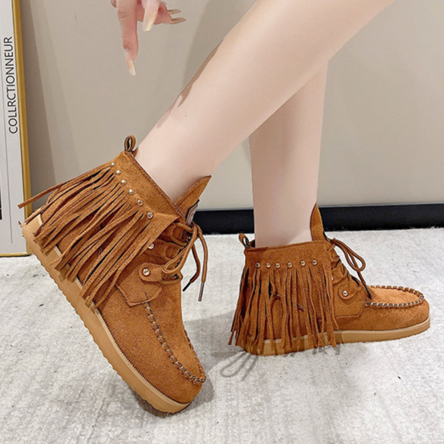 Fringe Studded Round Toe Canvas Boots Apparel and Accessories