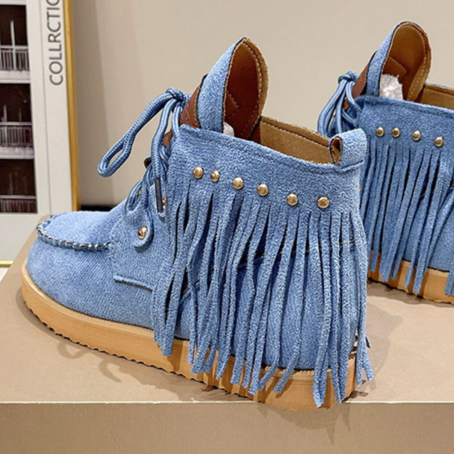 Fringe Studded Round Toe Canvas Boots Apparel and Accessories