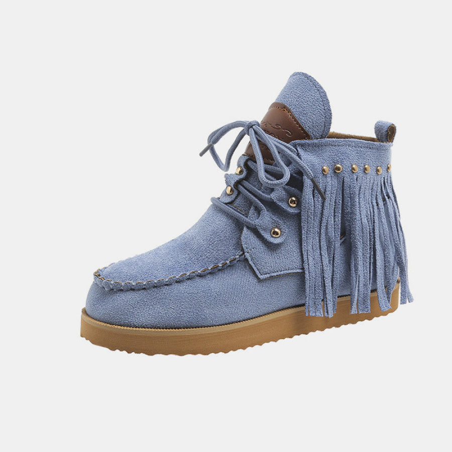 Fringe Studded Round Toe Canvas Boots Apparel and Accessories