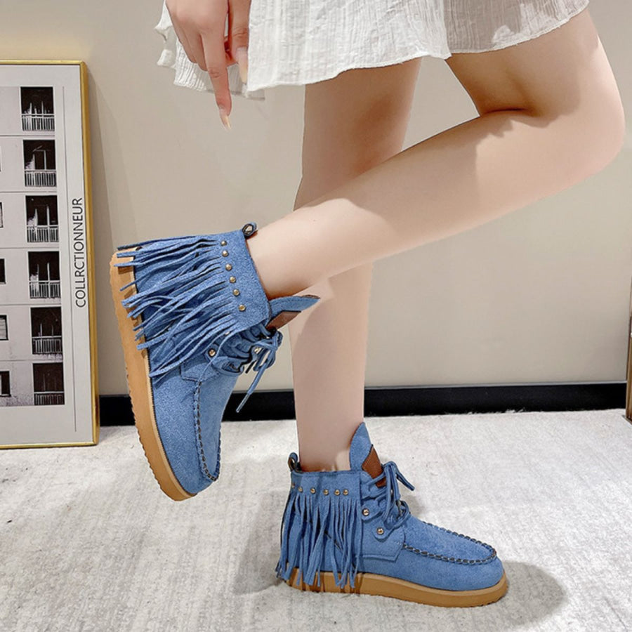 Fringe Studded Round Toe Canvas Boots Apparel and Accessories