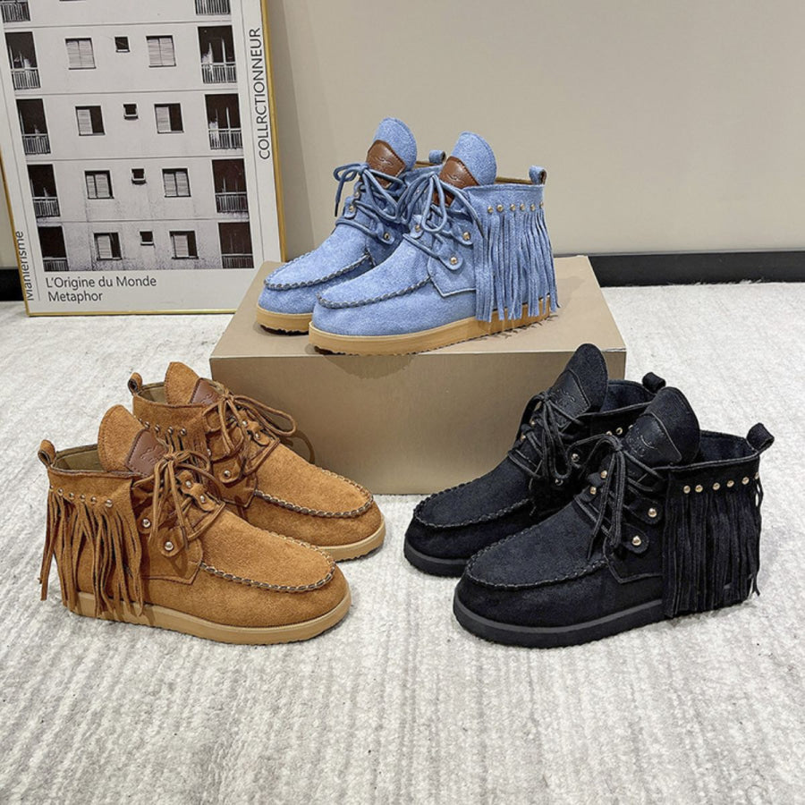 Fringe Studded Round Toe Canvas Boots Apparel and Accessories