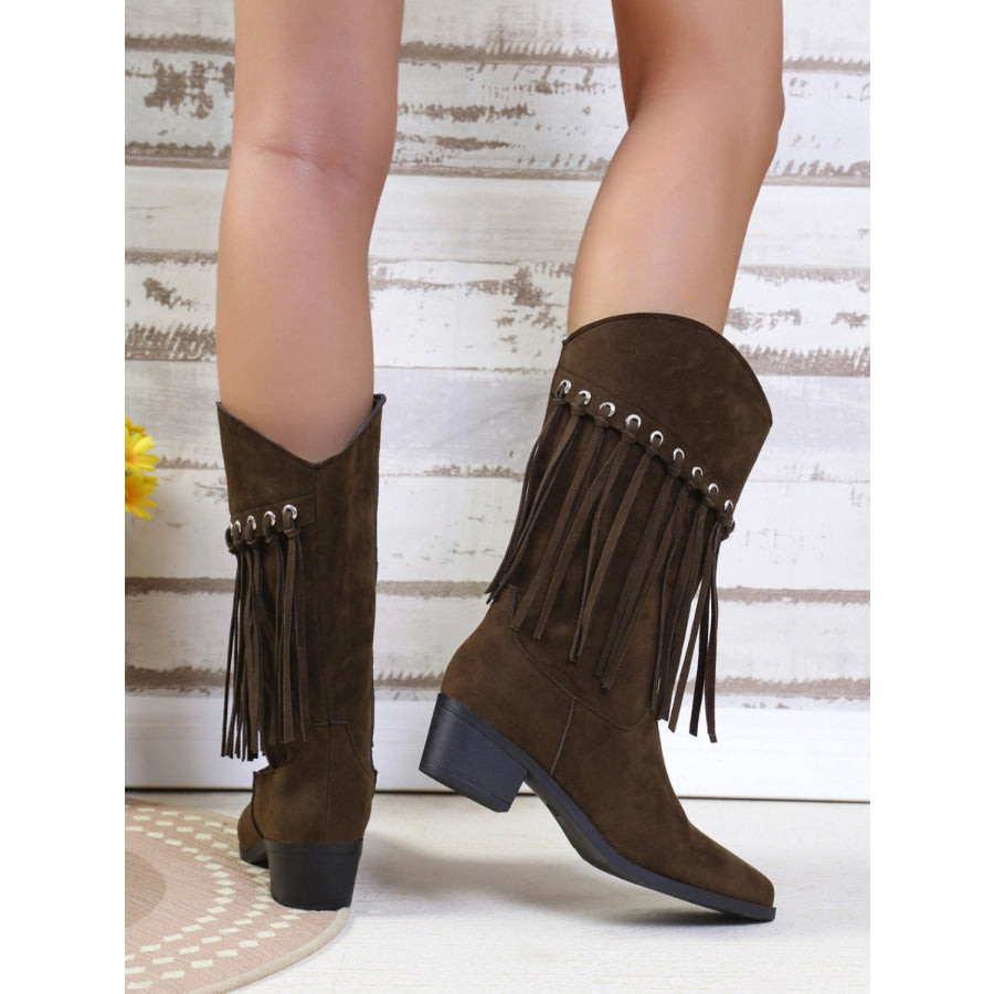 Fringe Suede Point Toe Block Heel Boots Apparel and Accessories