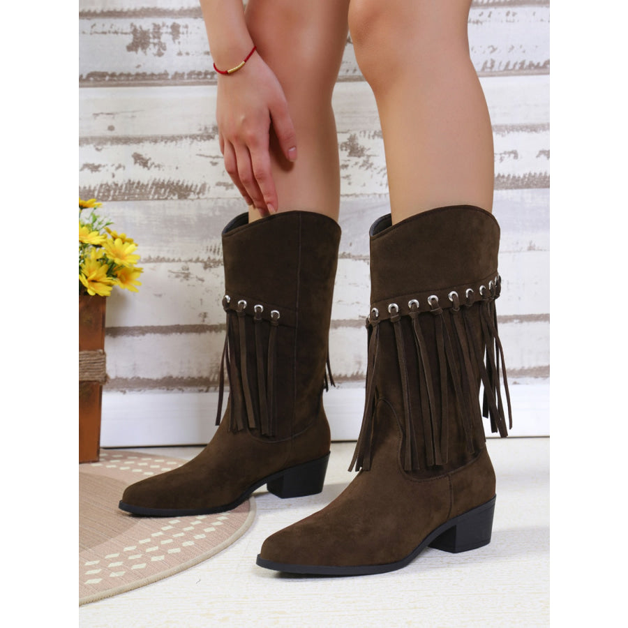 Fringe Suede Point Toe Block Heel Boots Apparel and Accessories