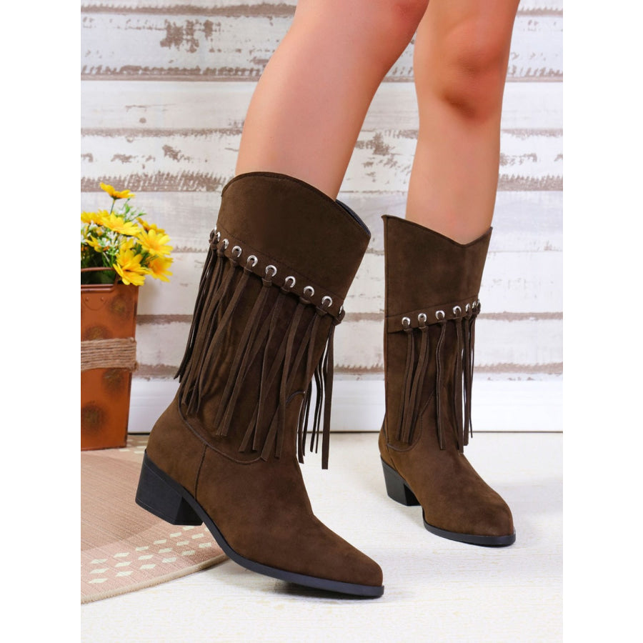 Fringe Suede Point Toe Block Heel Boots Apparel and Accessories