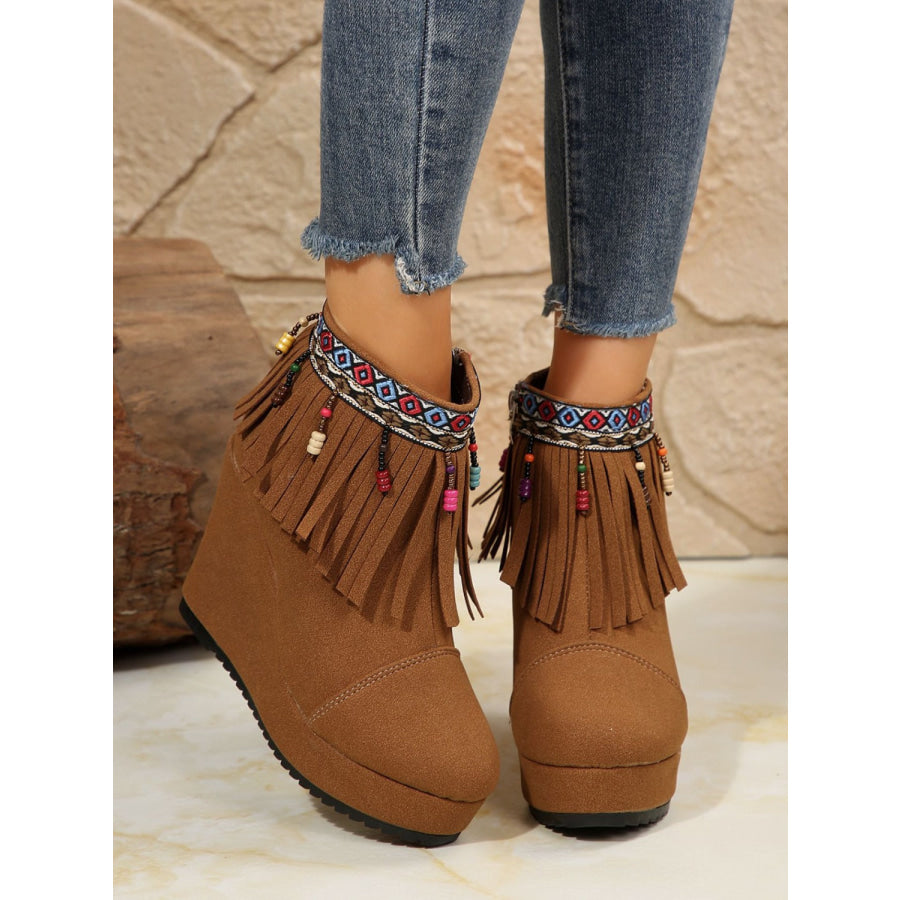 Fringe Suede Wedge Boots Apparel and Accessories