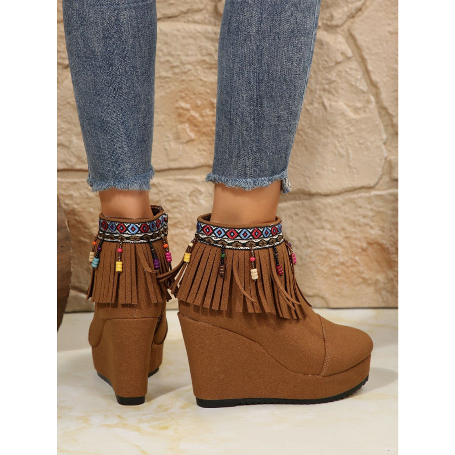 Fringe Suede Wedge Boots Apparel and Accessories