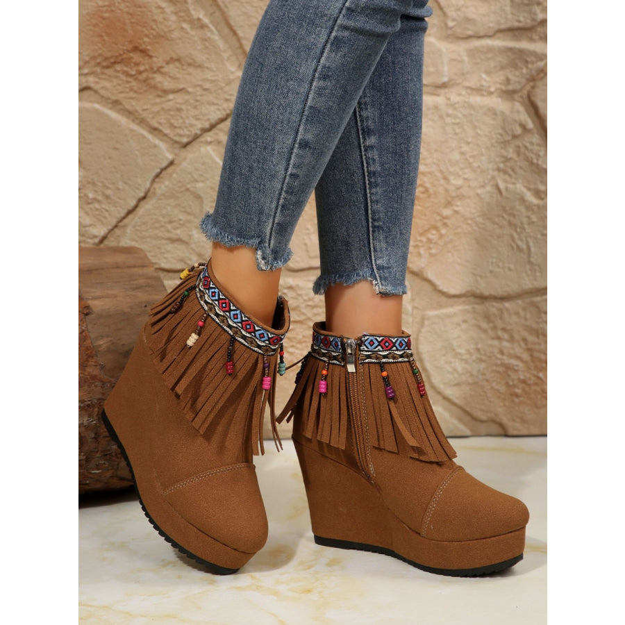 Fringe Suede Wedge Boots Apparel and Accessories