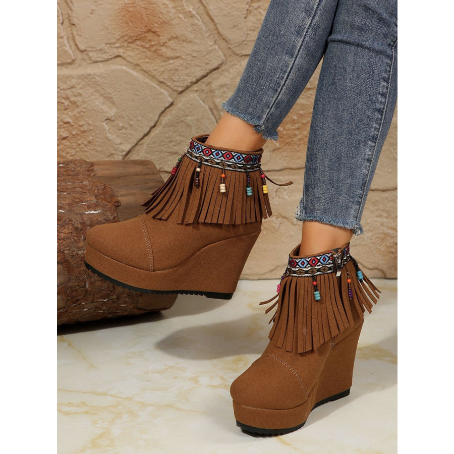 Fringe Suede Wedge Boots Apparel and Accessories