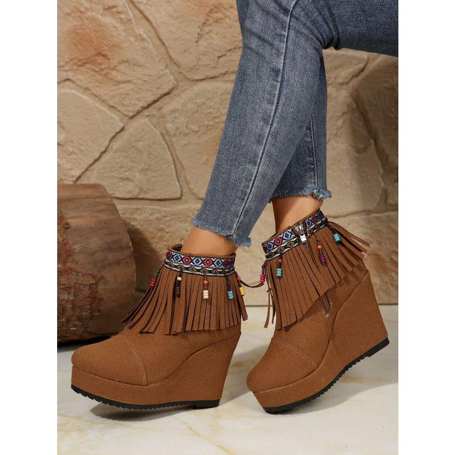 Fringe Suede Wedge Boots Brown / 36(US5) Apparel and Accessories