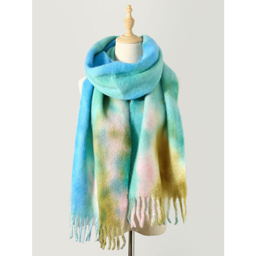 Fringe Tie-Dye Polyester Scarf Pastel Blue / One Size Apparel and Accessories