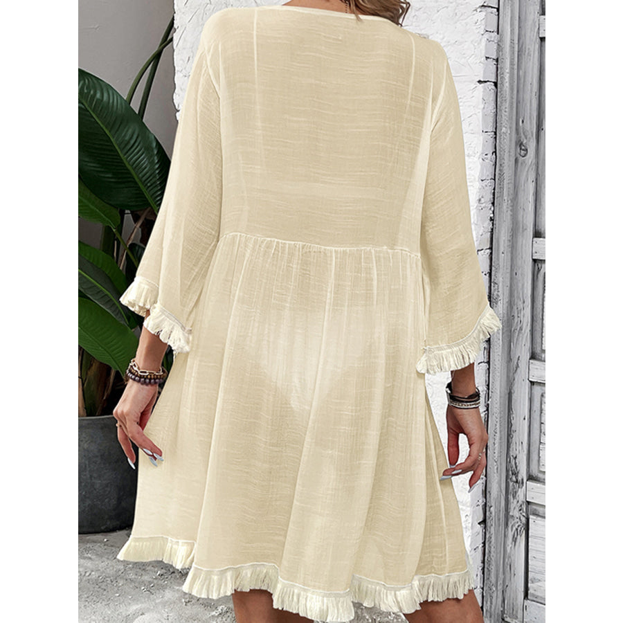Fringe Tie Neck Three-Quarter Sleeve Cover Up Apparel and Accessories