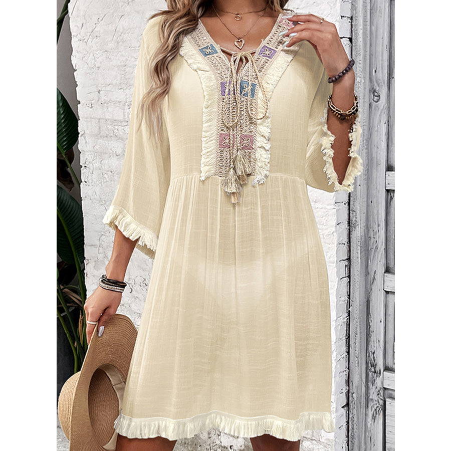 Fringe Tie Neck Three-Quarter Sleeve Cover Up Apparel and Accessories