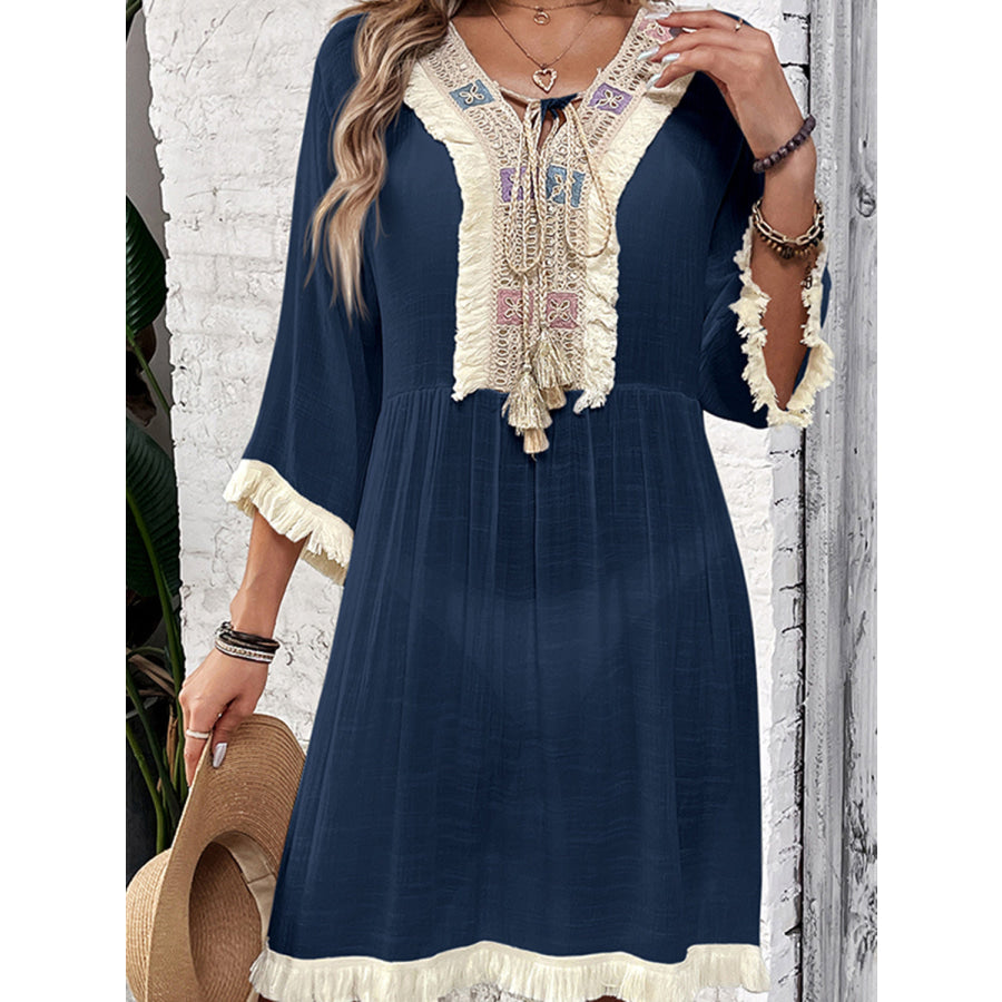 Fringe Tie Neck Three-Quarter Sleeve Cover Up Cobalt Blue / One Size Apparel and Accessories