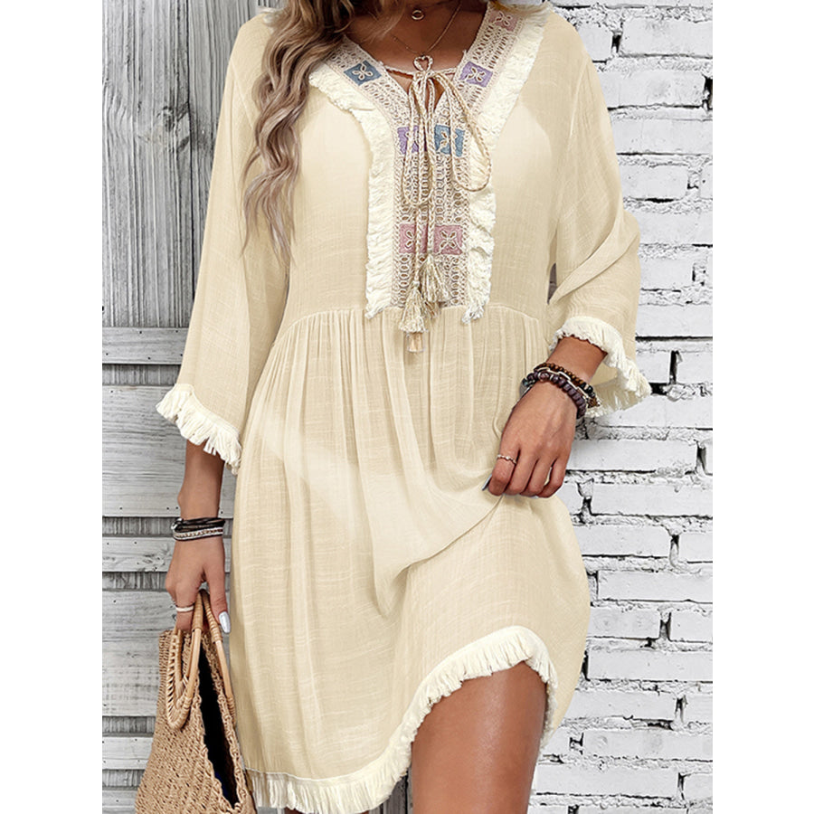 Fringe Tie Neck Three-Quarter Sleeve Cover Up Sand / One Size Apparel and Accessories